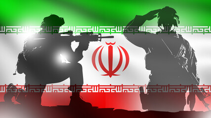 Obraz premium Military, Armed forces. Silhouettes of soldiers with rifles against the Iran flag, one aiming and another saluting, symbolizing national defense, security forces, and military power.