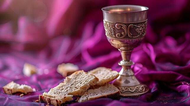 Ornate silver chalice and broken bread on purple silk background for Holy Communion invitation and Maundy Thursday church service flyer.