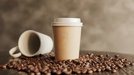 Naklejka premium Coffee cup, roasted beans, rustic table
