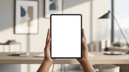 Hands holding tablet blank screen office