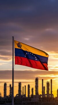 South American National Flag at Oil Refinery Sunset Representing Energy Sector