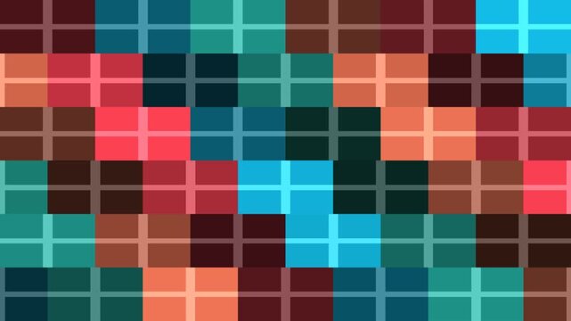 Vibrant pixelated mosaic pattern with colorful squares and rectangles in shades of red, blue, green, brown, and orange, creating a dynamic abstract design