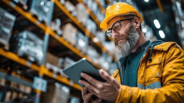 Worker in Hard Hat Operating Tablet in Industrial Storage generated by AI