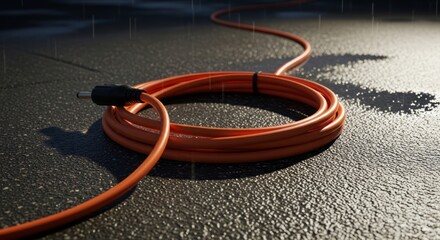 Bright Orange Extension Cord Coiled on Wet Surface with Rain Drops