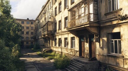 Obraz premium Abandoned Soviet-Era Apartment Building Courtyard