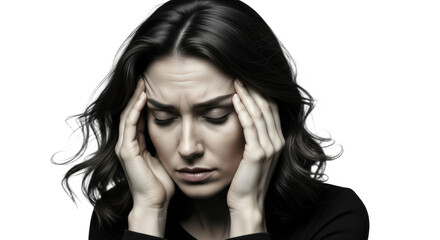 A stressed woman with her hands on her temples on transparent background
