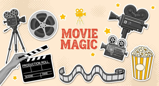 Cinematic movie magic unfolds with cameras, clapboard, and filmstrip amidst stars and popcorn