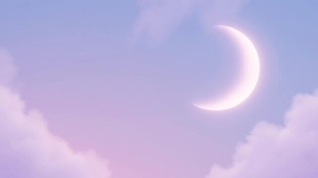 Celestial Serenity: An ethereal crescent moon graces a pastel sky, creating a dreamlike ambiance. soft clouds float dreamily.