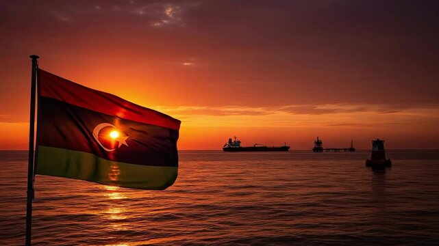 Libyan National Flag Waving at Sunset Over Sea with Oil Tankers and Cargo Ships