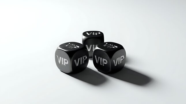 Black dice with white VIP text on faces creating luxury gaming concept for premium entertainment and exclusive club membership experiences.
