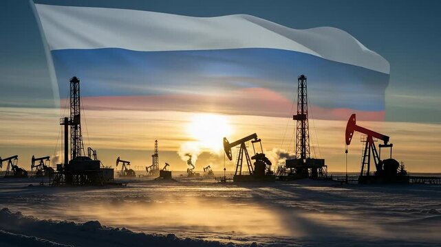 Oil pumpjacks in snowy field with Russian flag for energy export and sanctions