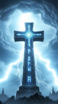 Ancient Viking Runestone Cross with Glowing Blue Runes in a Stormy Mountain Landscape