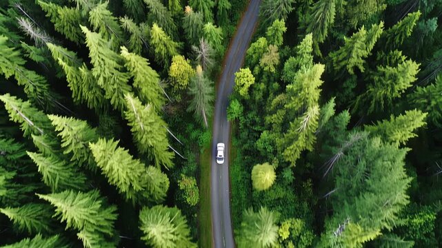 Aerial view of a white car driving along a winding road through a dense forest of evergreen trees in a lush green landscape