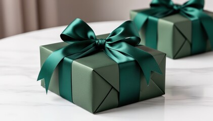 Elegant Gift Presentation: Beautifully wrapped gifts with a touch of elegance, featuring a deep green hue and tied with satin ribbons, create a luxurious aesthetic.