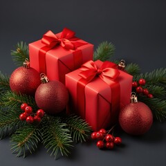 Festive Gifts:  A captivating still life features beautifully wrapped red presents adorned with elegant red ribbons, Christmas baubles and seasonal foliage. Evoking warmth, anticipation.