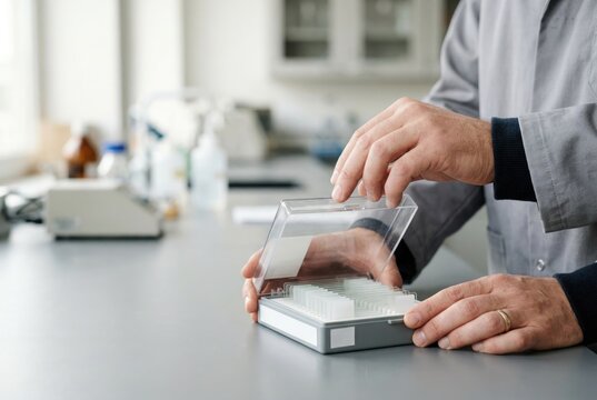Laboratory scientist hands opening a plastic box filled with prepared glass microscope slides