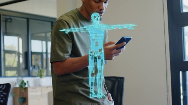 Office worker tapping smartphone, hologram T-pose tracking hips for AR alignment preview