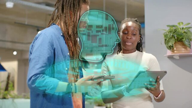 Woman tapping tablet, man using phone, teal holo head emerging, schema shifting, testing tech demo