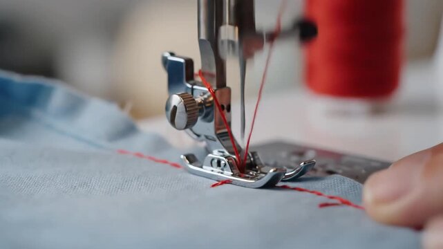 Closeup shot of a sewing machine needle and red thread stitching light blue fabric highlighting the intricate process of garment creation and tailoring in a workshop setting.