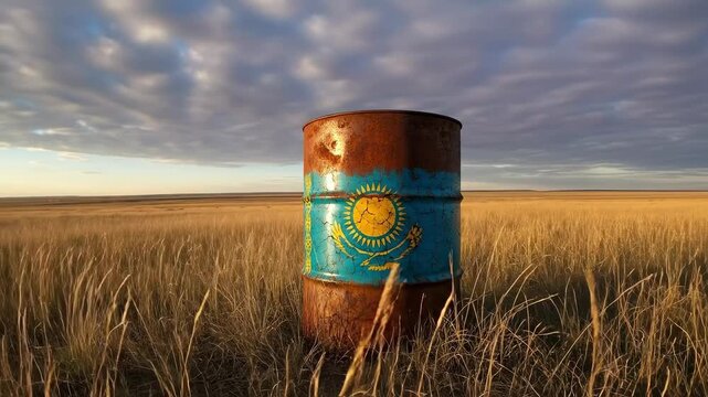 Industrial oil drum with Kazakhstan national flag in the vast central asian steppe landscape