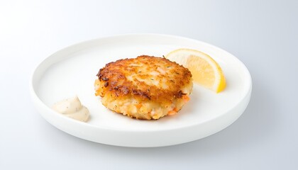 A golden-brown seafood patty, lemon wedge, and sauce sit on a white plate