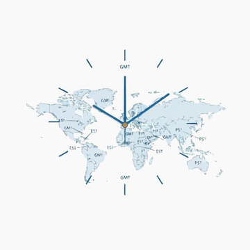 World map clock showing time zones and continents with hands