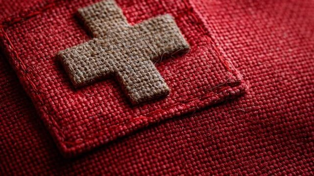 Close up of first aid kit cross symbol on red woven fabric
