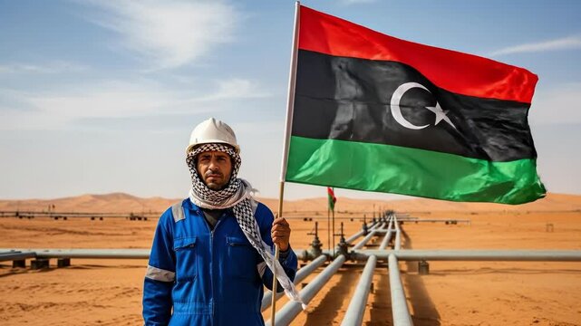North African male technician holding national flag at desert oil and gas pipeline infrastructure