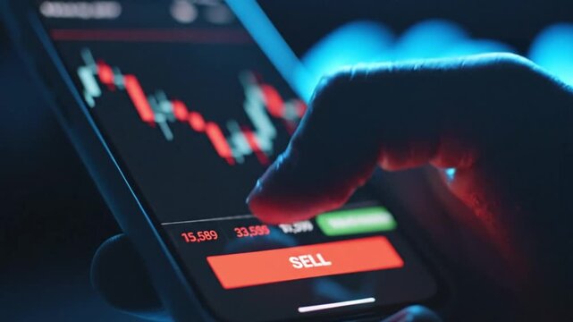 Investor's finger presses the glowing sell button on a mobile trading app displaying falling stock market charts in motion footage