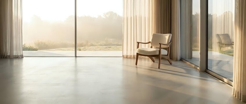 Modern minimalist living room interior with wooden chair and large windows overlooking city skyline at sunset creating warm natural lighting atmosphere.
