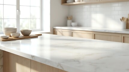 Fototapeta premium Modern kitchen interior with white marble countertop and wooden cabinets in bright natural light for home design and renovation projects.