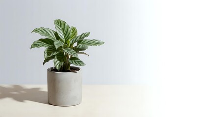 Fototapeta premium Potted dieffenbachia houseplant with variegated green and white leaves in modern concrete planter on white surface against neutral background for home decor.
