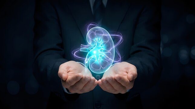 Businessman hands presenting glowing atomic structure with orbiting electrons on dark background for science technology concepts.