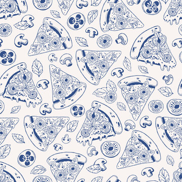 Hand drawn pizza slice seamless pattern with pizza slices, tomato, mushroom and basil ingredients. Minimal blue outline illustration