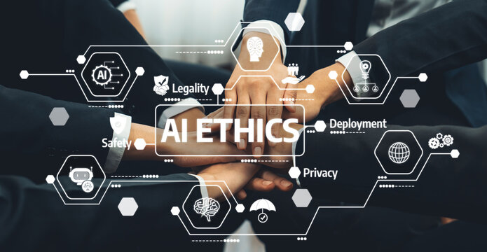 A diverse group of professionals collaborates on developing AI ethics, emphasizing crucial aspects like safety, privacy, and legality in contemporary business settings. Amity