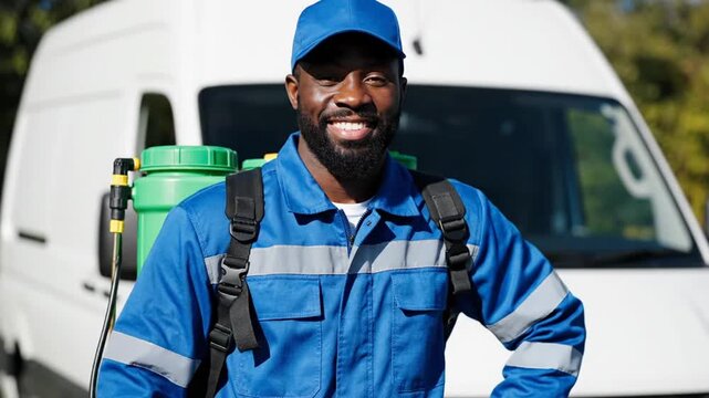 Pest control worker with spray.