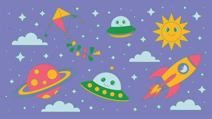 Obraz premium Planets Rockets UFOs Stars Background