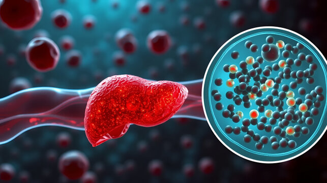 Lipid imbalance in the bloodstream. A fatty liver releases more triglycerides and VLDL particles, while HDL remains comparatively lower. Blood vessel cross-sections show denser particle traffic