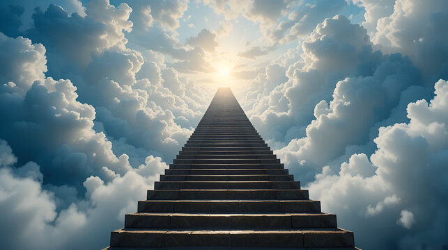 Ascending staircase through serene clouds towards heavens gates. Concept Spiritual Journey, Heavenly Ascent, Staircase to Heaven, Cloudscape Exploration