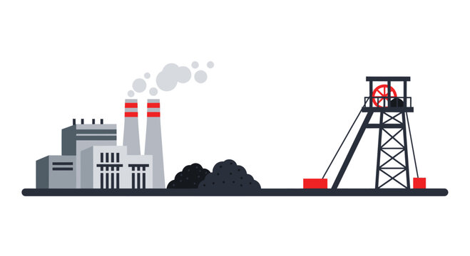 Coal Mine and Power Plant Industrial Complex Illustration.
