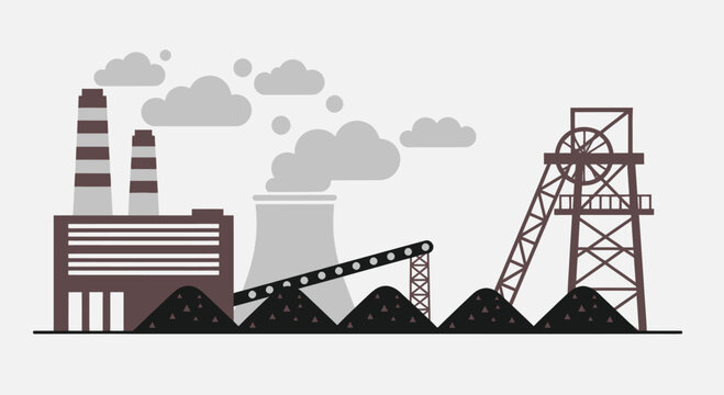 Coal Mining and Power Plant Industrial Complex Illustration.