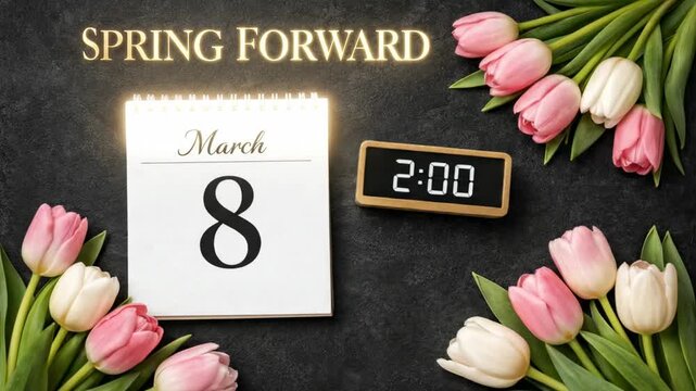 Spring Forward Daylight Saving Time concept banner. March 8 calendar, digital clock showing 2:00, text and fresh pink tulips on dark slate background