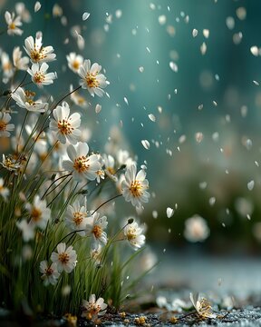 White spring flowers and petals falling in fresh green grass, soft blue sky