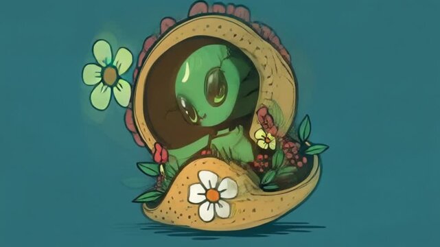 cute cartoon alien gently floats in soft background with subtle ambient motion