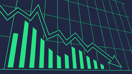 Naklejka premium A digital, minimalist illustration of a downward-trending financial graph. It features a dark blue background with a bright green grid and elements.