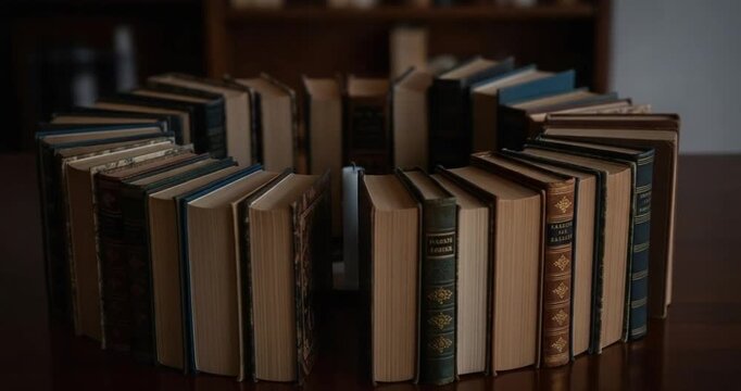 Books stacked around lit candle.