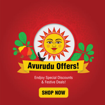 Avurudu Offers Sale Banner for Sinhala Tamil New Year with Traditional Sun and Red Background