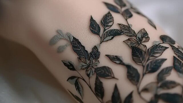 Elegant botanical tattoo revealed as camera slowly zooms on forearm with intricate designs