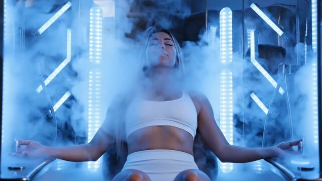 Athletic woman experiencing intense whole body cryotherapy wellness treatment for recovery motion video footage