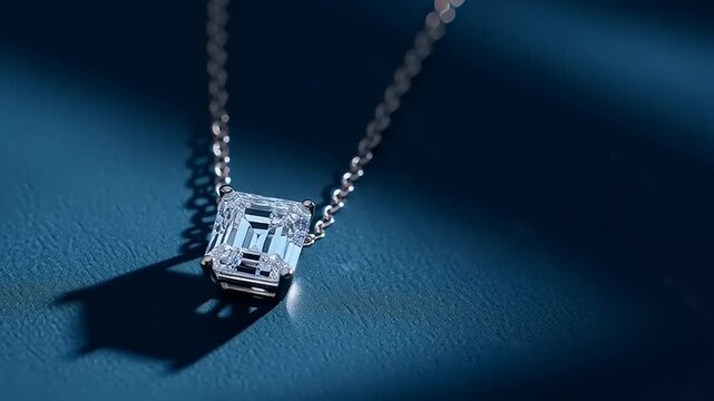 A close-up shot of a luxurious diamond necklace on a blue leather surface with dramatic lighting